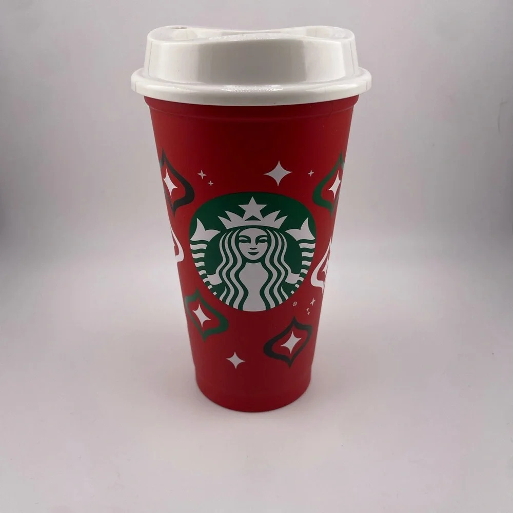 Starbucks reusable‎ Holiday plastic Coffee Cup with Snowflakes and Stars